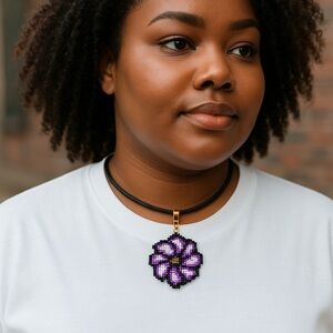 Hand Crafted Beaded Purple Flower Pendant Choker Necklace